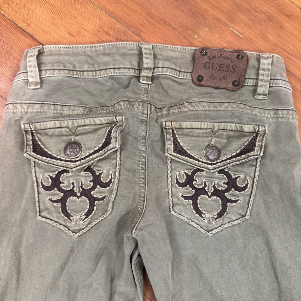 Rare Vintage Y2K GUESS Starlet Olive Straight Leg Low Waist Embroidered Jeans 24